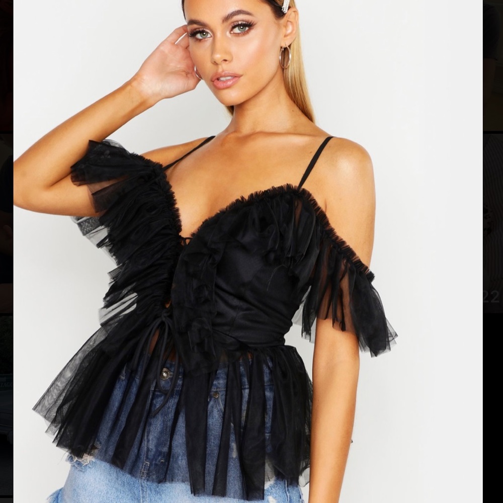 Mesh organza ruffle layered lace up peplum top